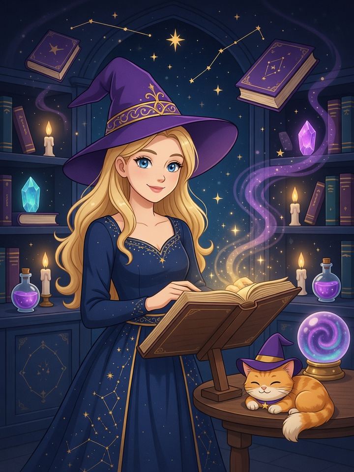 Bruja mística leyendo el grimorio en su biblioteca encantada — Grimorio Mágico México